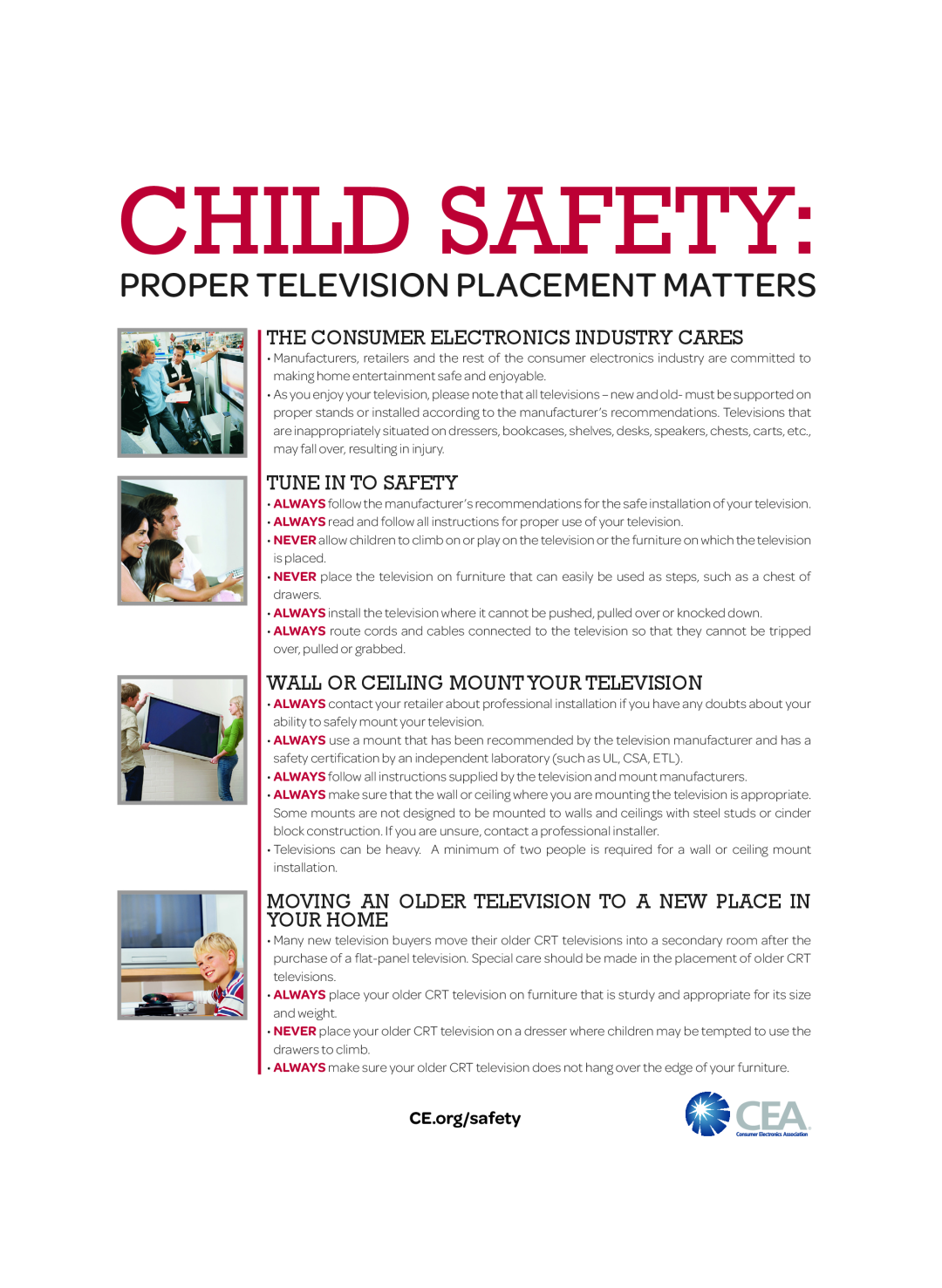 LG Electronics 55UF7600, 49UF7600 CE.org/safety, Child Safety, Proper Television Placement Matters, Tune In To Safety 