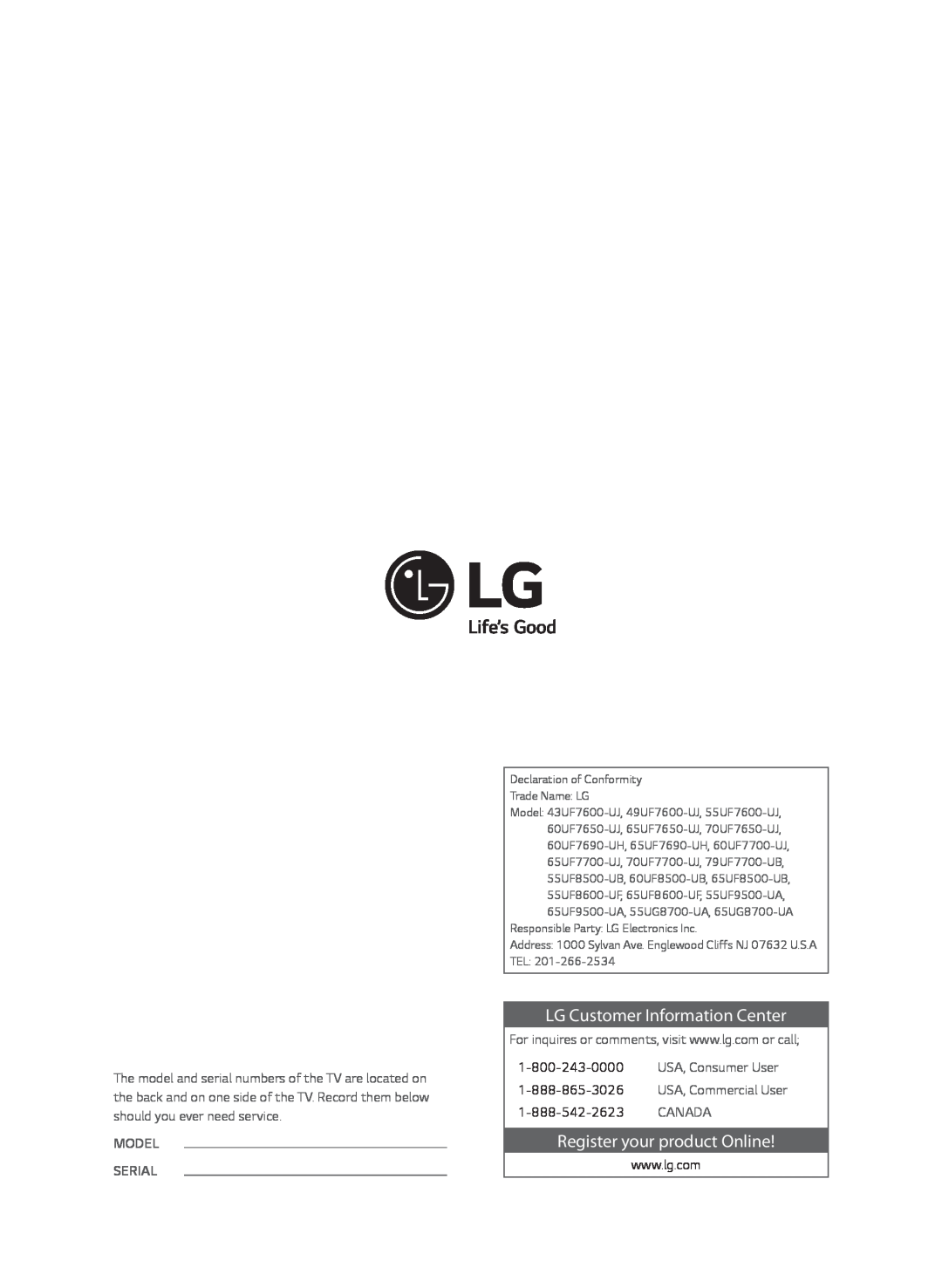 LG Electronics 60UF7700, 49UF7600 LG Customer Information Center, Register your product Online, Model Serial, Canada 