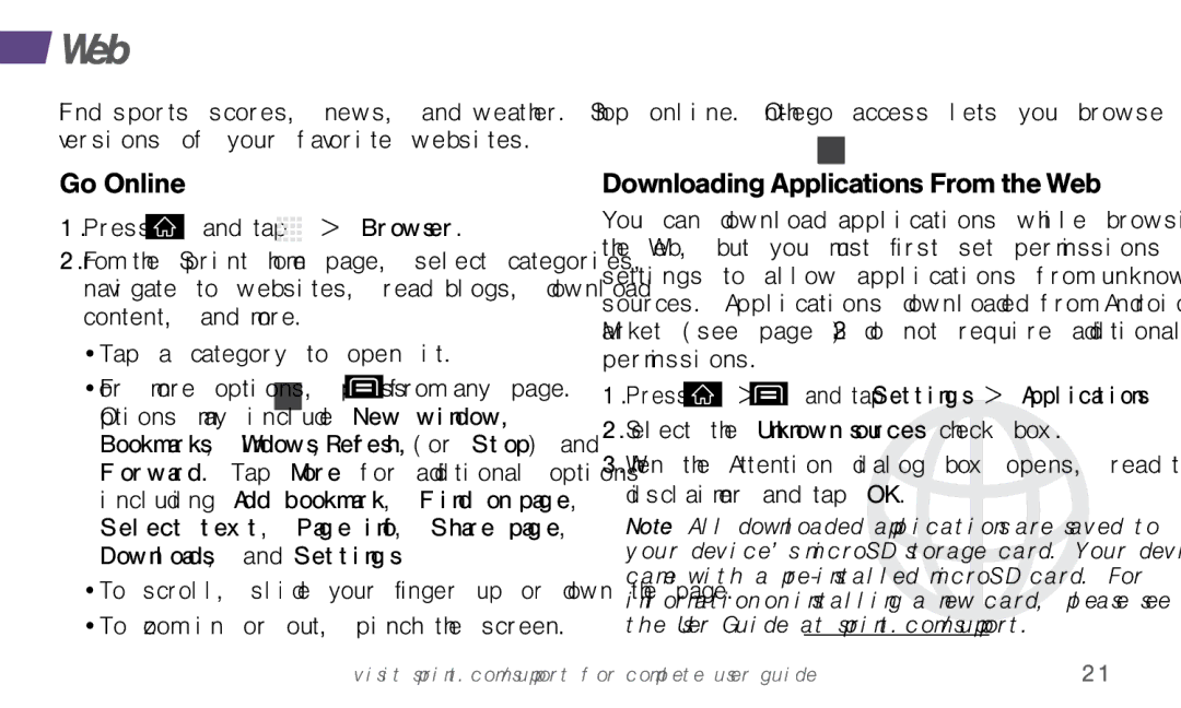 LG Electronics 4G LTE manual Go Online, Downloading Applications From the Web, To zoom in or out, pinch the screen 