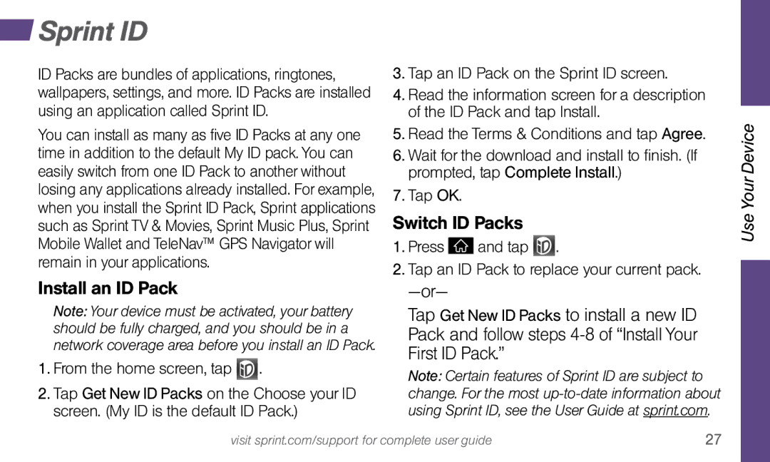 LG Electronics 4G LTE manual Sprint ID, Install an ID Pack, Switch ID Packs 