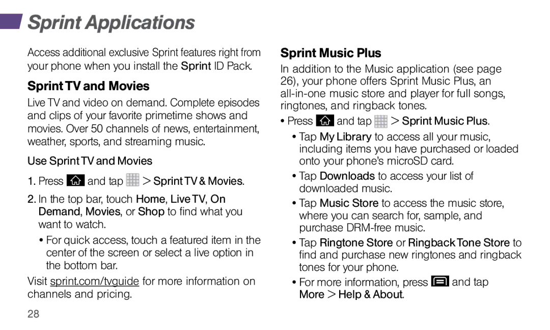 LG Electronics 4G LTE manual Sprint Applications, Sprint TV and Movies, Sprint Music Plus 