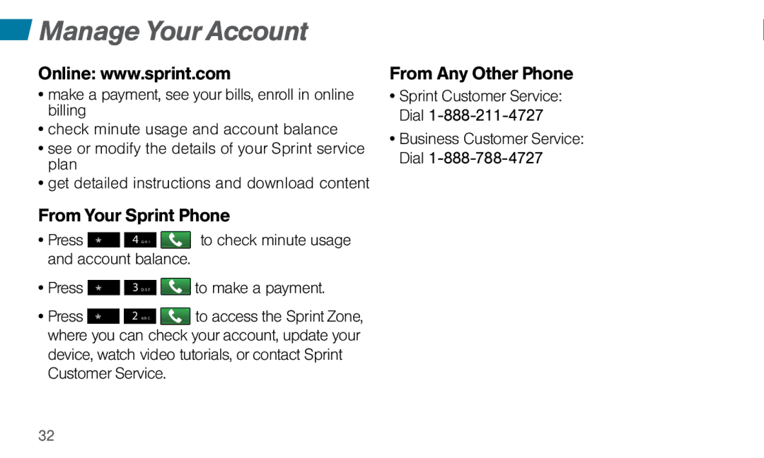 LG Electronics 4G LTE manual Manage Your Account, From Your Sprint Phone, From Any Other Phone 