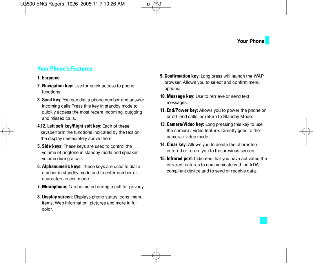 LG Electronics 500 manual Your Phone’s Features, Earpiece 