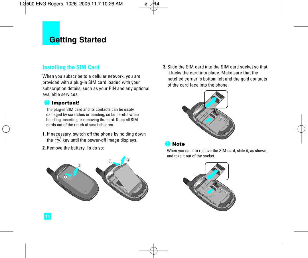 LG Electronics 500 manual Getting Started, Installing the SIM Card 