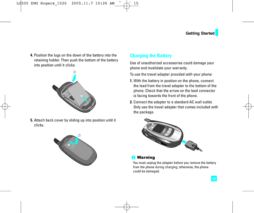 LG Electronics 500 manual Charging the Battery, To use the travel adapter provided with your phone 