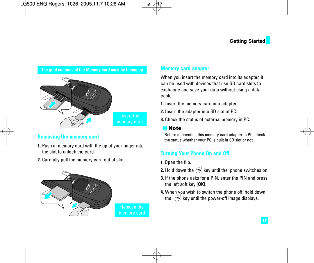 LG Electronics 500 manual Removing the memory card 