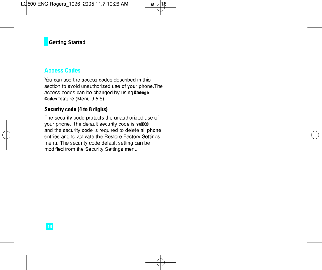 LG Electronics 500 manual Access Codes, Security code 4 to 8 digits 