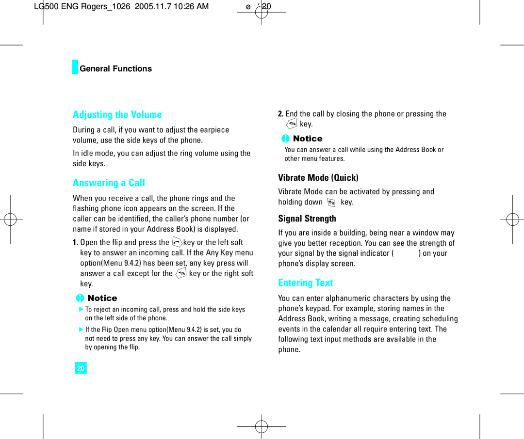 LG Electronics 500 manual Adjusting the Volume, Answering a Call, Entering Text, Vibrate Mode Quick, Signal Strength 