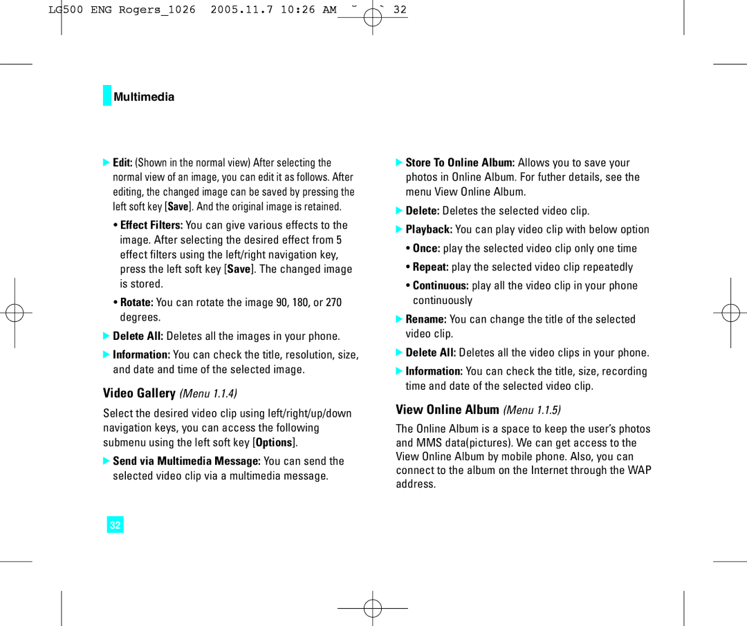 LG Electronics 500 manual Video Gallery Menu, View Online Album Menu 