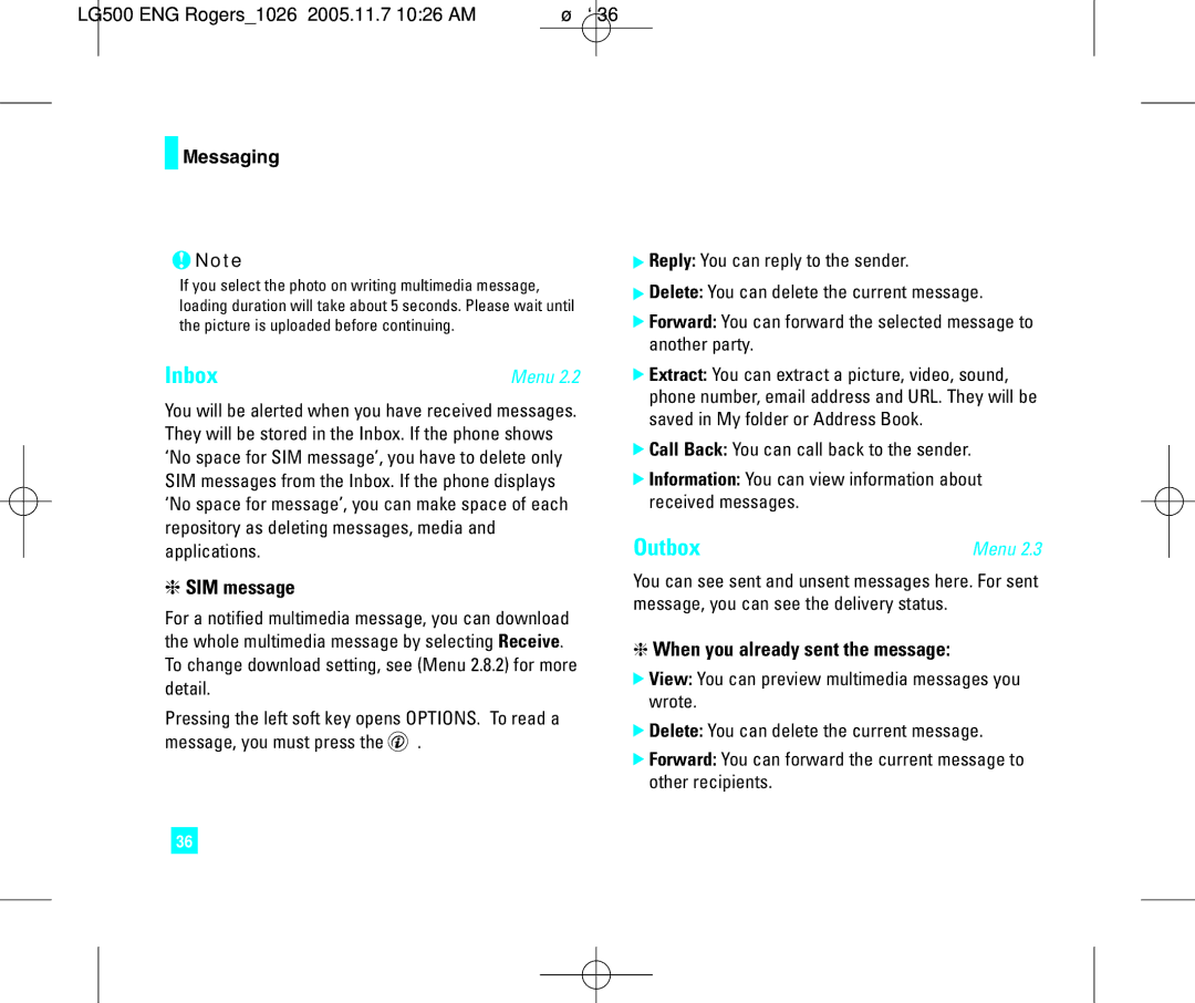 LG Electronics 500 manual Inbox, Outbox, SIM message, Call Back You can call back to the sender 