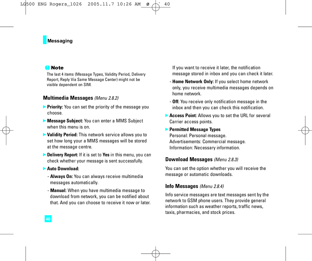 LG Electronics 500 manual Multimedia Messages Menu, Download Messages Menu, Info Messages Menu, Auto Download 