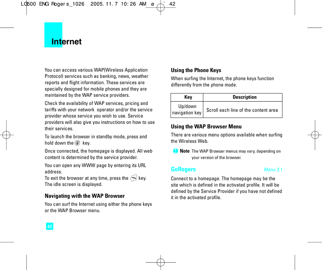 LG Electronics 500 Internet, GoRogers, Navigating with the WAP Browser, Using the Phone Keys, Using the WAP Browser Menu 