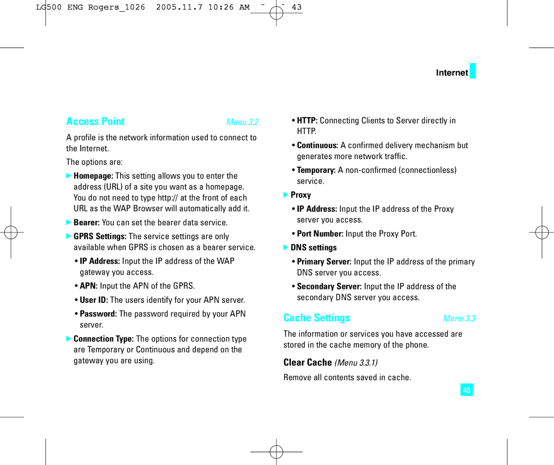 LG Electronics 500 manual Access Point, Cache Settings, Clear Cache Menu, Proxy, DNS settings 