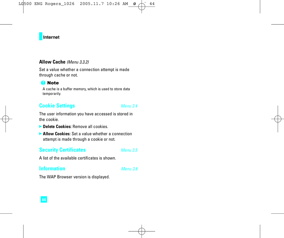 LG Electronics 500 manual Cookie Settings, Security Certificates, Information, Allow Cache Menu 