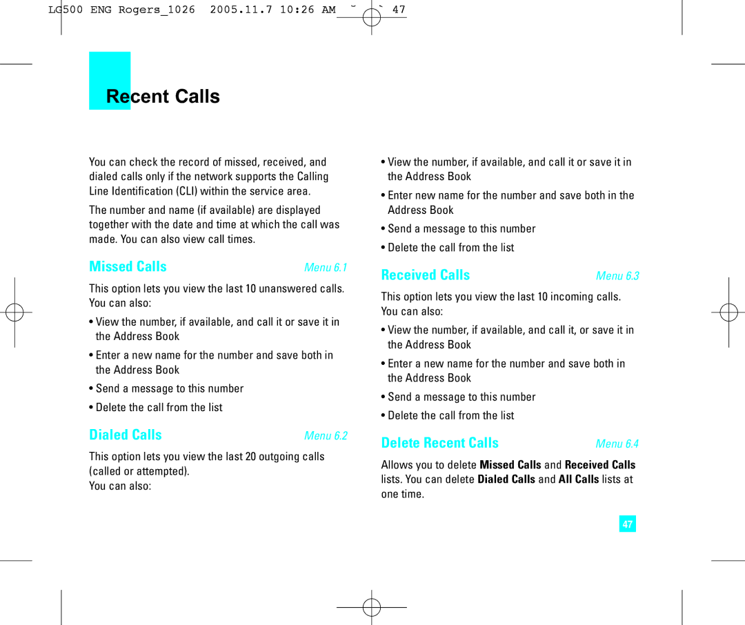 LG Electronics 500 manual Missed Calls, Dialed Calls, Received Calls, Delete Recent Calls 