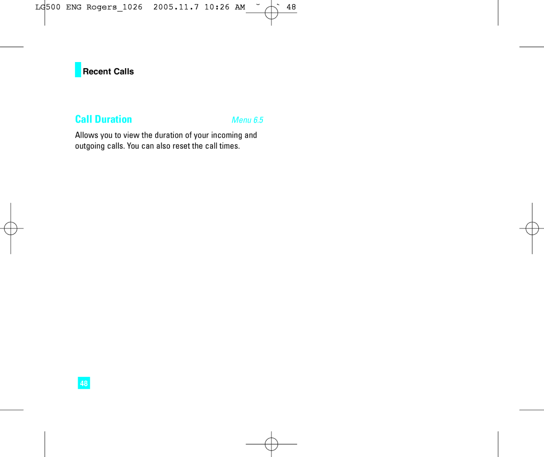 LG Electronics 500 manual Call Duration 