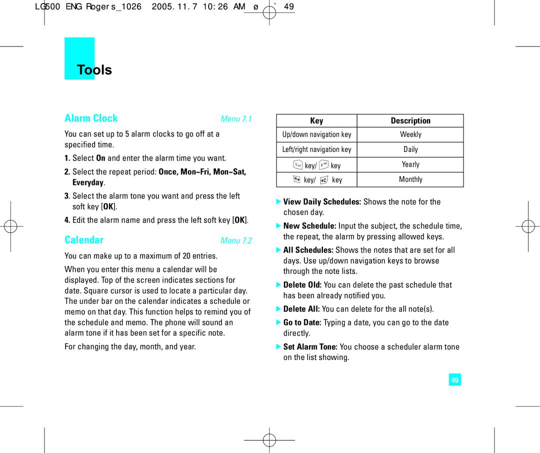 LG Electronics 500 manual Alarm Clock, Calendar, You can make up to a maximum of 20 entries 