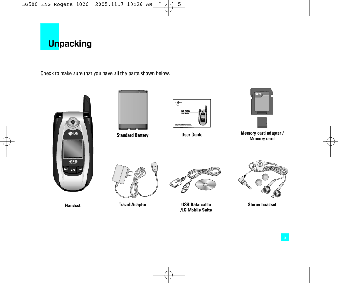 LG Electronics 500 manual Unpacking, Check to make sure that you have all the parts shown below 