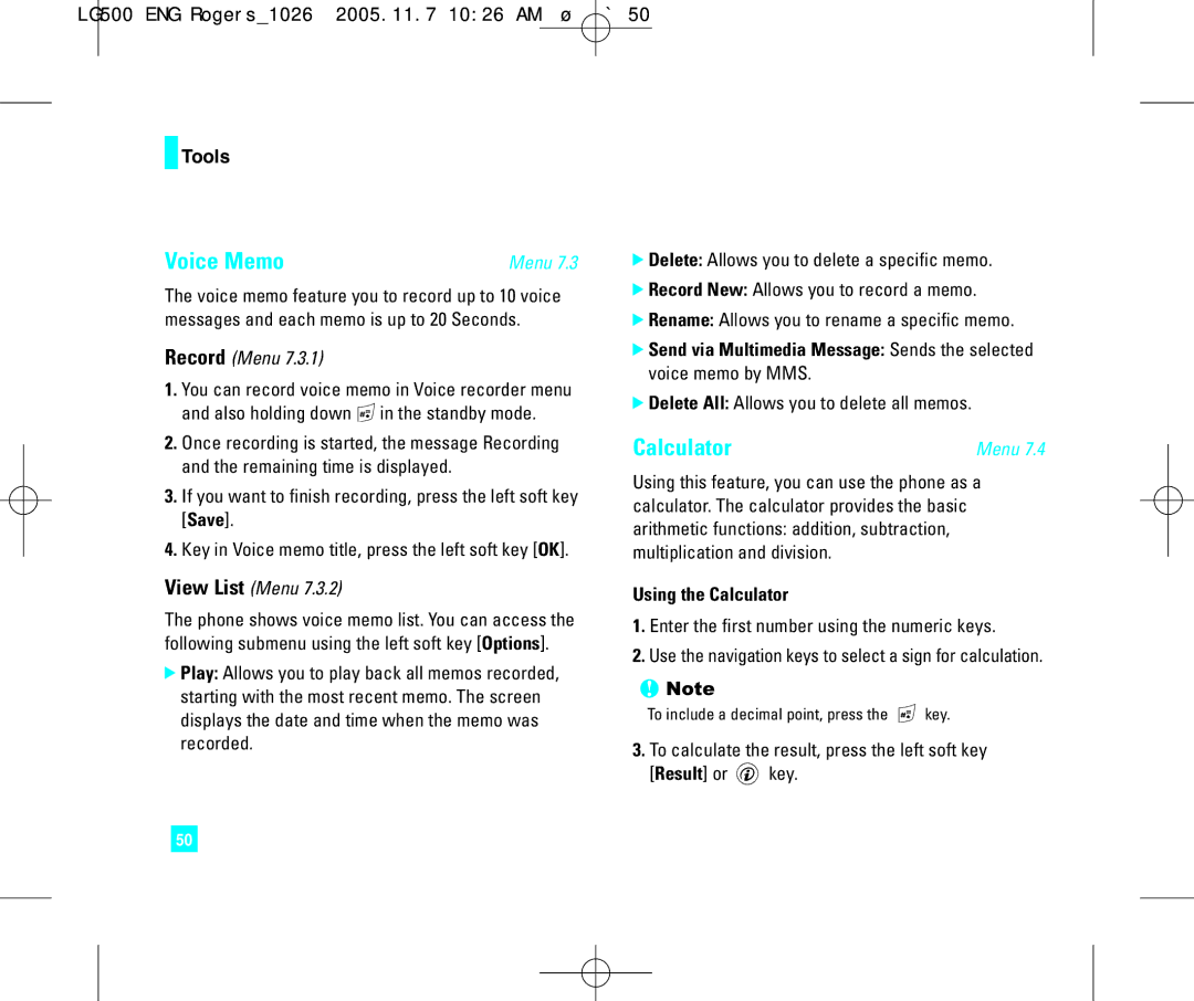 LG Electronics 500 manual Voice Memo, Delete All Allows you to delete all memos, Using the Calculator 