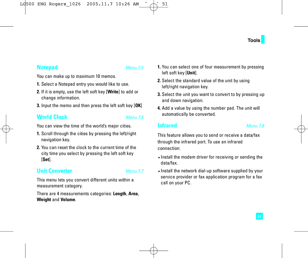 LG Electronics 500 manual World Clock, Unit Converter, Infrared 