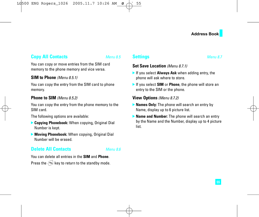 LG Electronics 500 manual Copy All Contacts, Delete All Contacts 