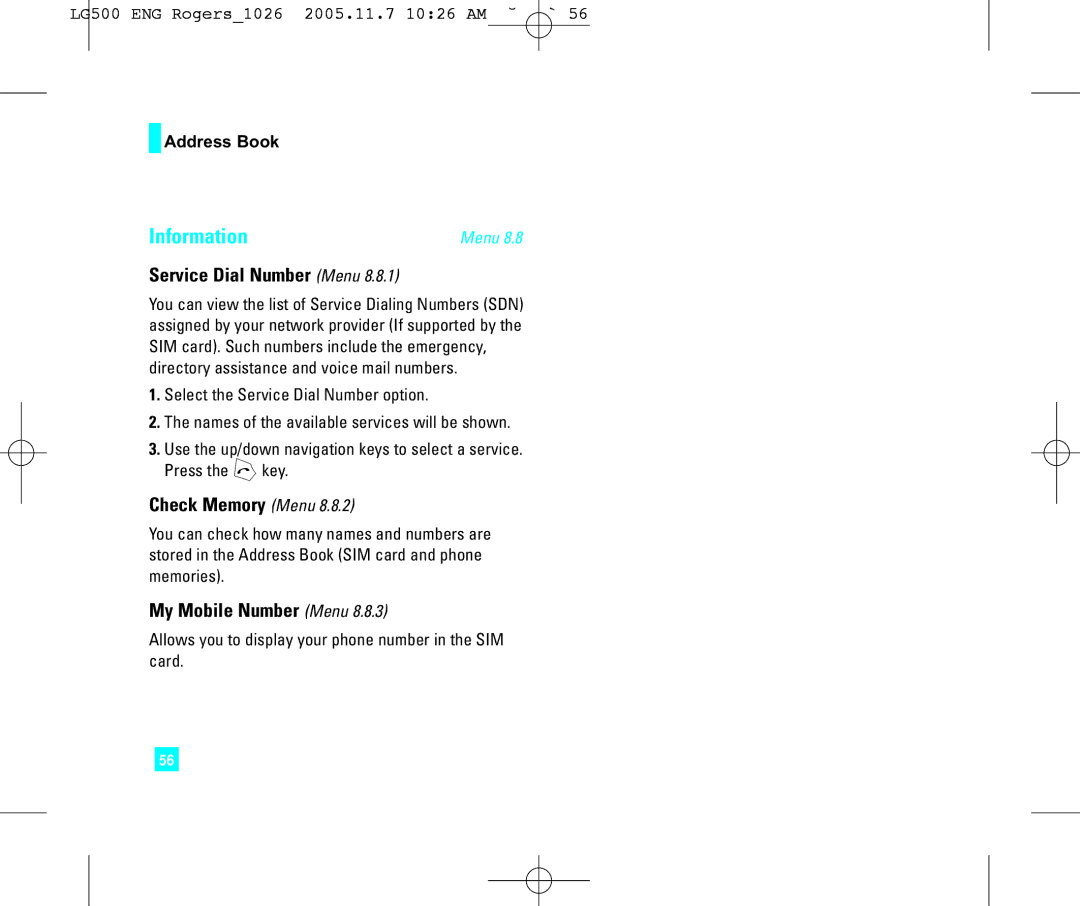 LG Electronics 500 manual Service Dial Number Menu, My Mobile Number Menu 