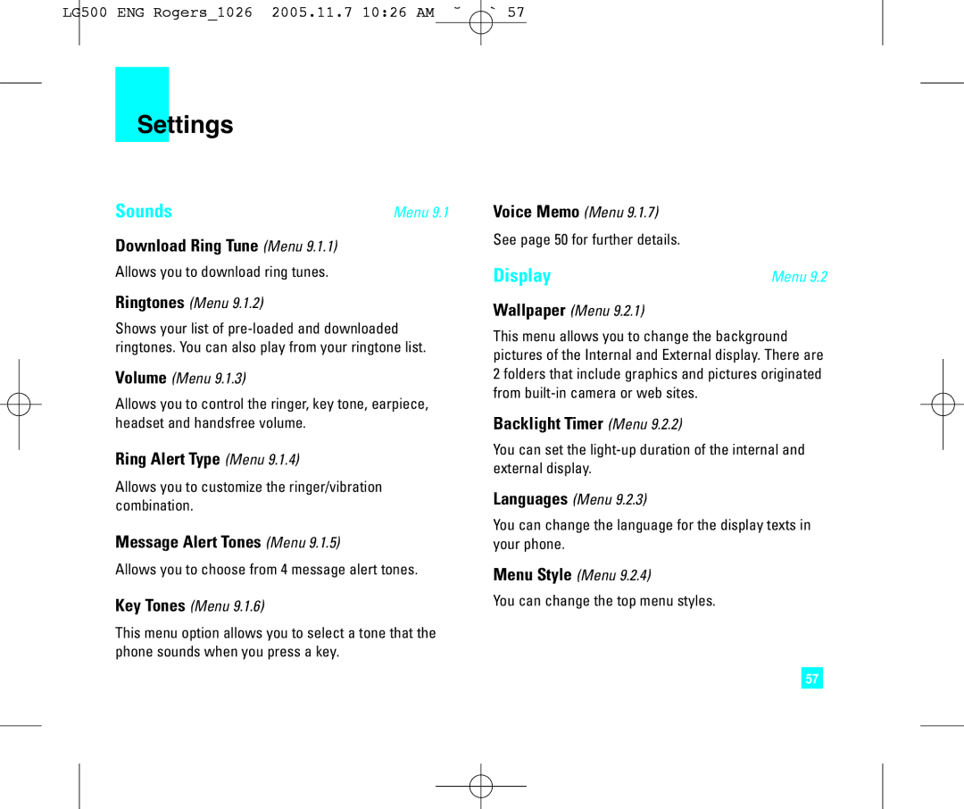 LG Electronics 500 manual Settings, Sounds, Display 