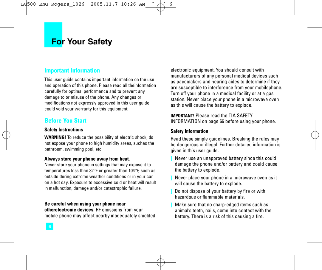 LG Electronics 500 manual For Your Safety, Important Information, Before You Start, Safety Information 