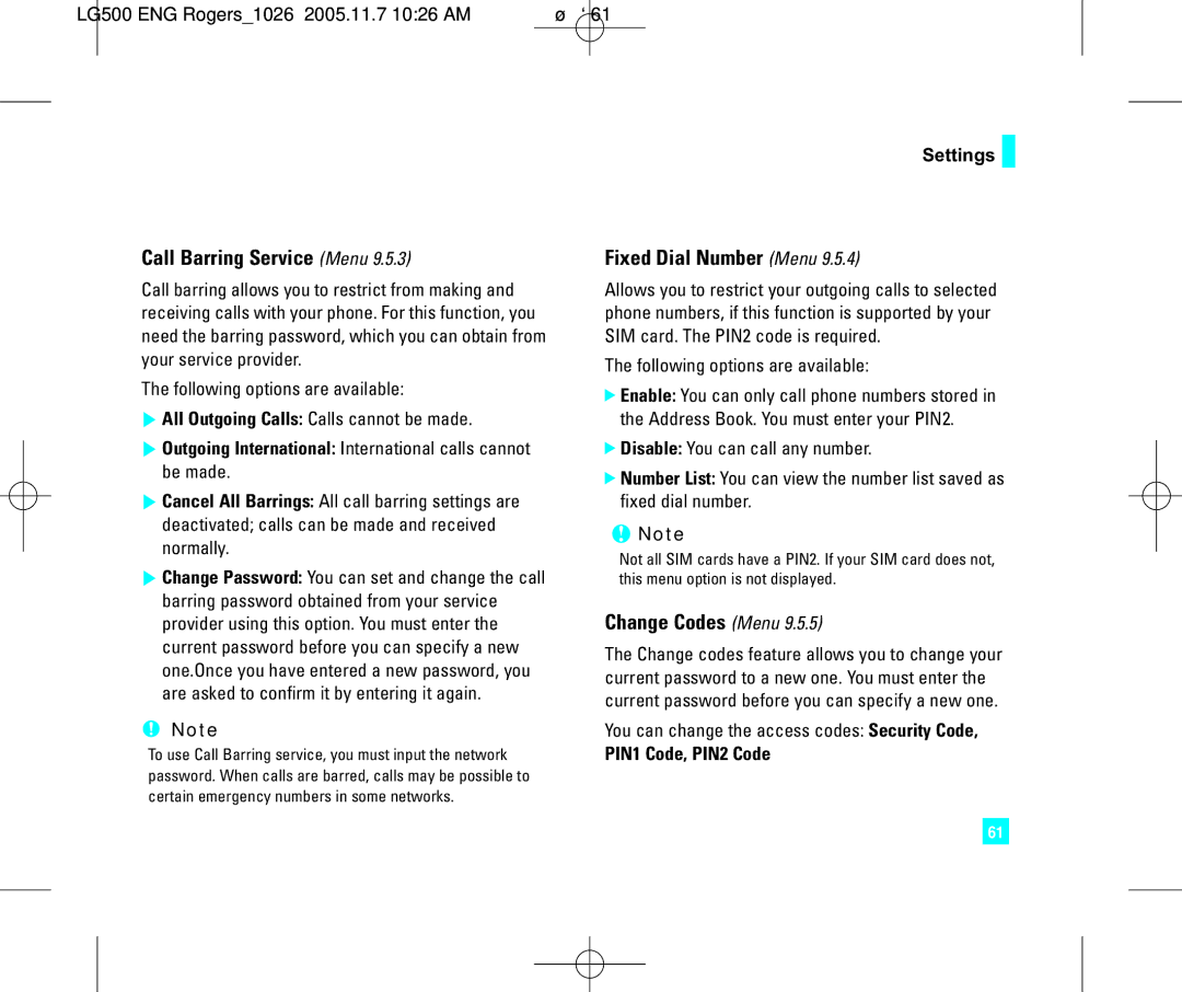 LG Electronics 500 manual Call Barring Service Menu, Fixed Dial Number Menu, Change Codes Menu, PIN1 Code, PIN2 Code 