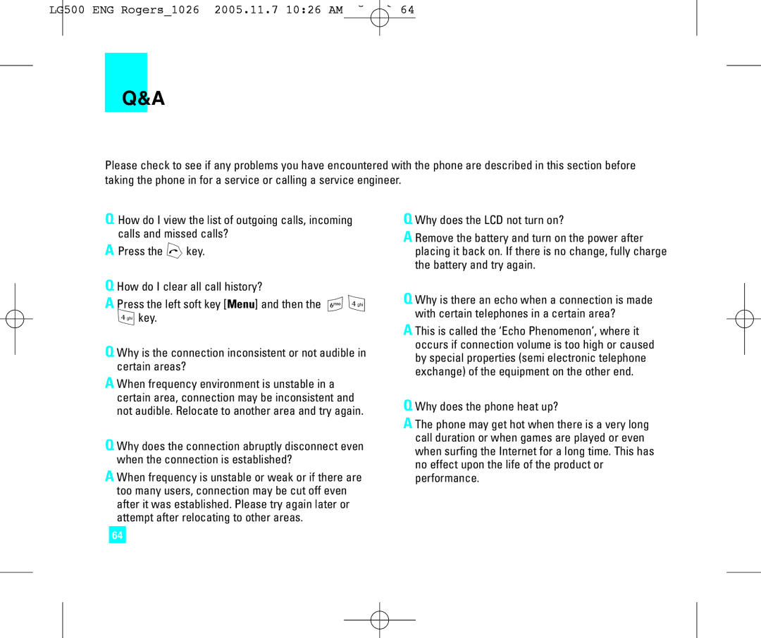 LG Electronics manual LG500 ENG Rogers1026 2005.11.7 1026 AM ˘`64 