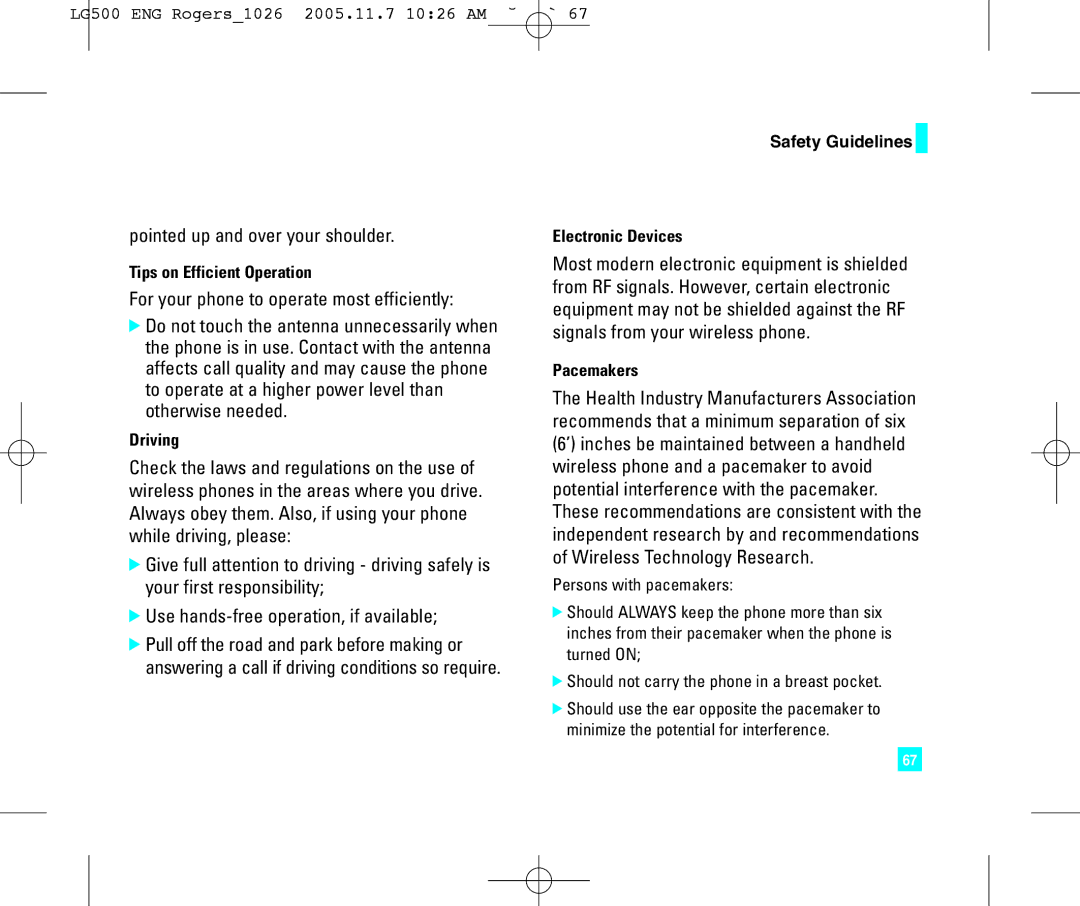 LG Electronics 500 manual Tips on Efficient Operation, Driving, Electronic Devices, Pacemakers 