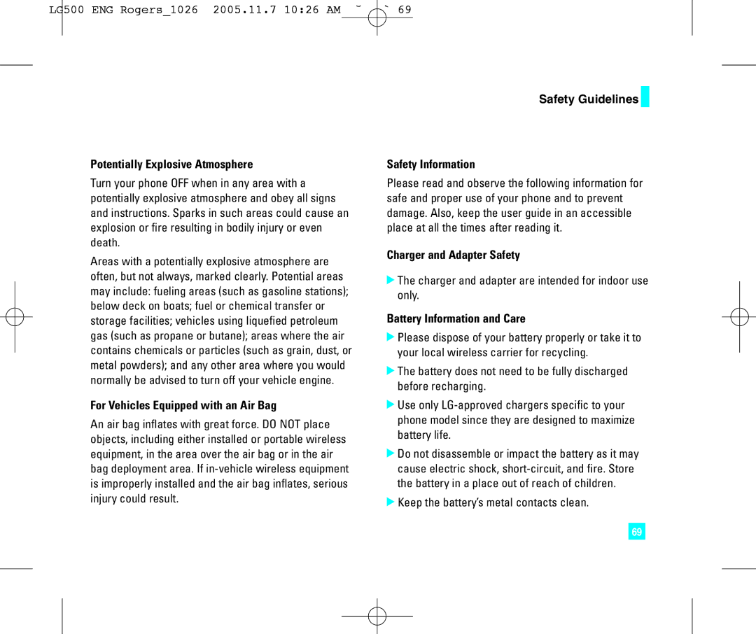 LG Electronics 500 manual For Vehicles Equipped with an Air Bag, Charger and Adapter Safety, Battery Information and Care 