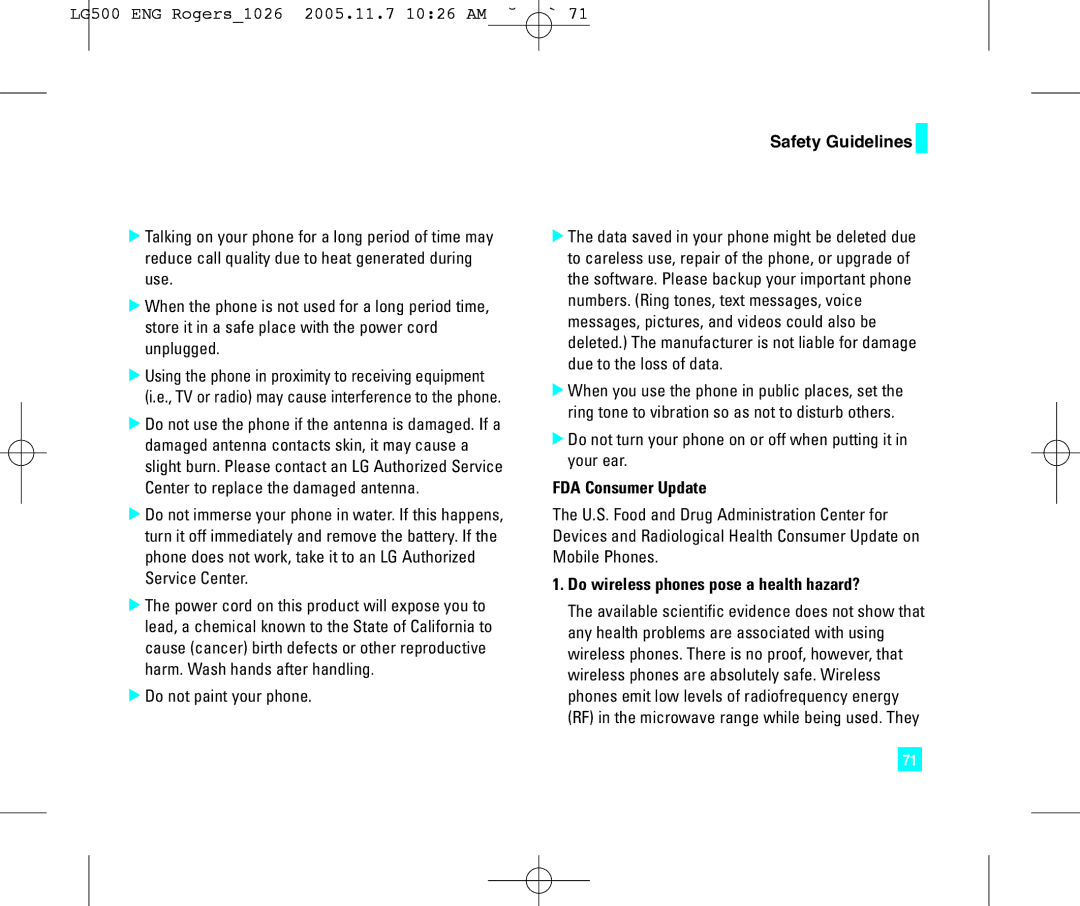 LG Electronics 500 manual Do not paint your phone, FDA Consumer Update, Do wireless phones pose a health hazard? 