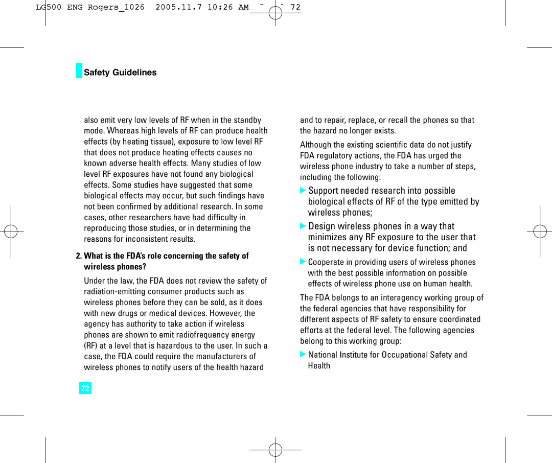 LG Electronics 500 manual National Institute for Occupational Safety and Health 