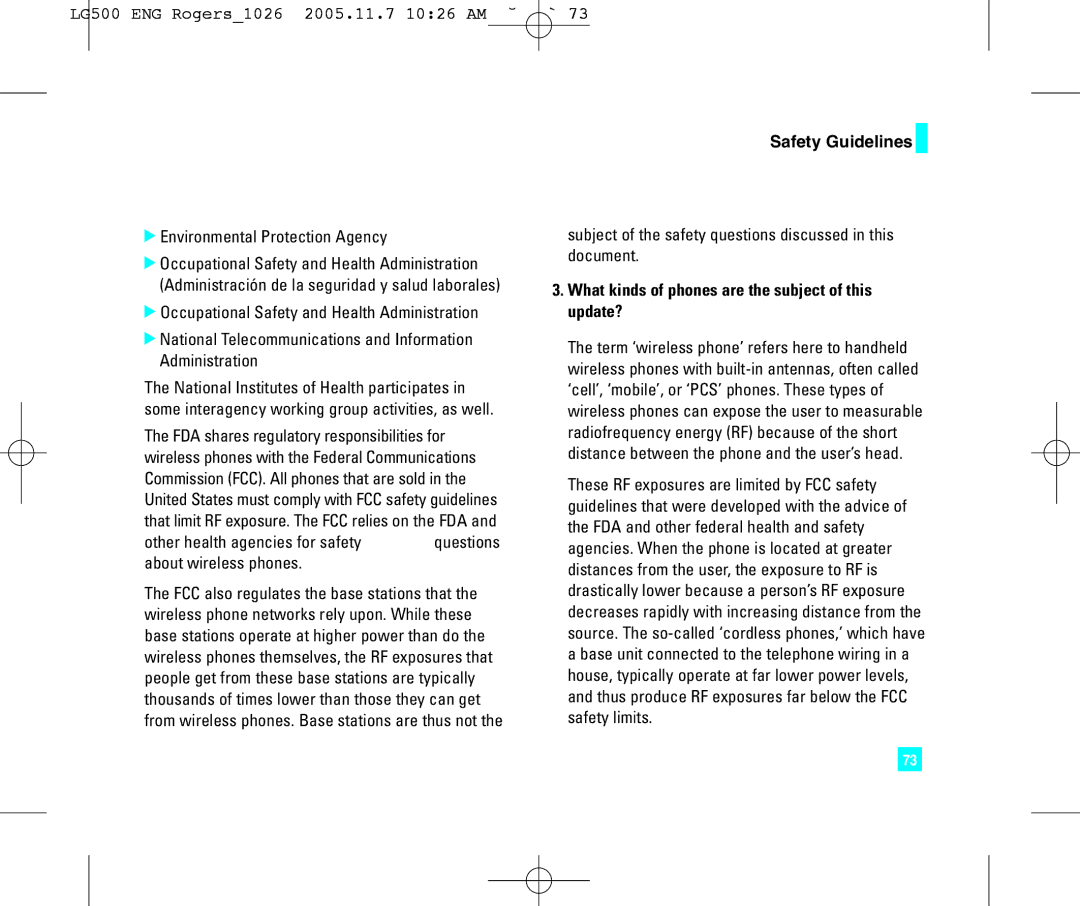 LG Electronics 500 manual Environmental Protection Agency, Subject of the safety questions discussed in this document 