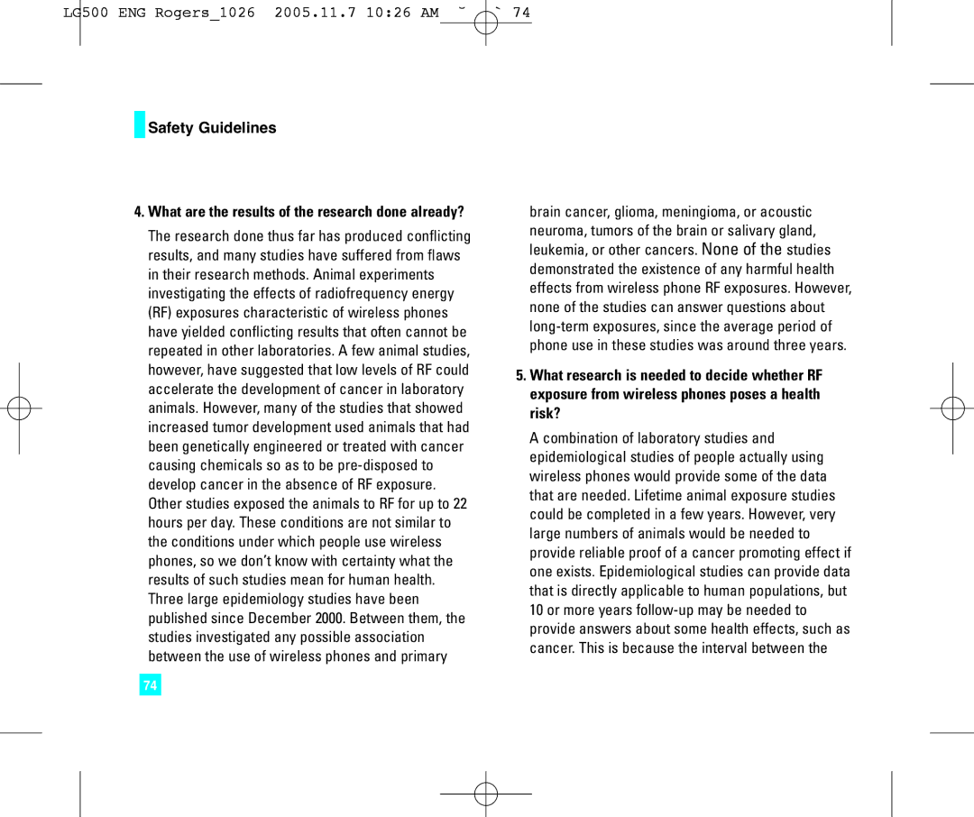 LG Electronics manual LG500 ENG Rogers1026 2005.11.7 1026 AM ˘`74 