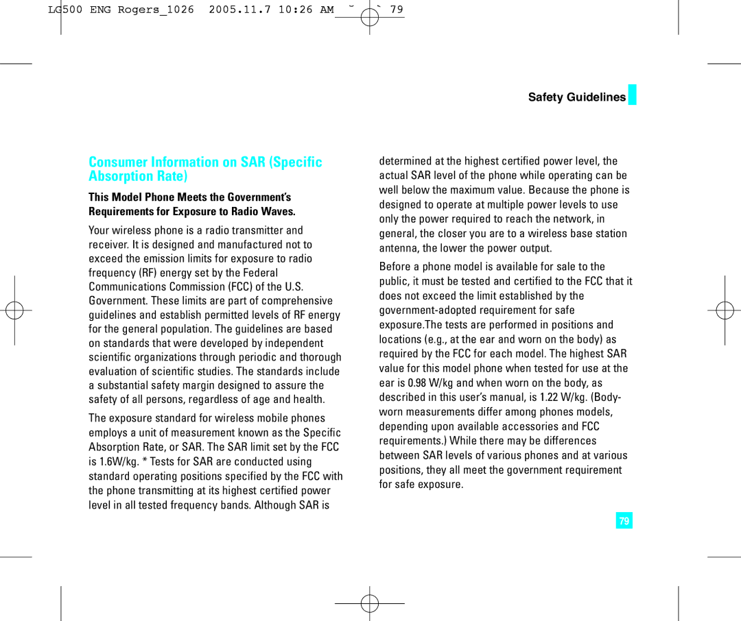 LG Electronics 500 manual Consumer Information on SAR Specific Absorption Rate 