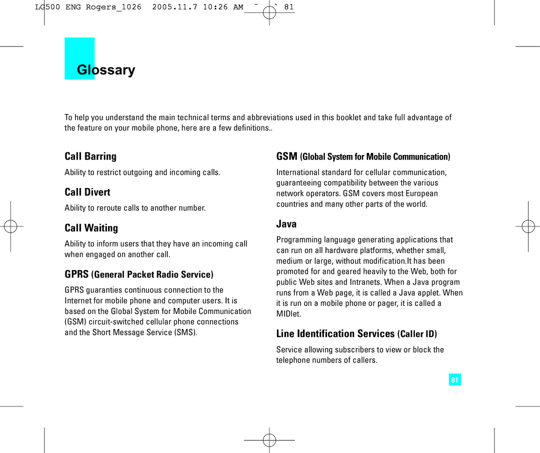 LG Electronics 500 manual GSM Global System for Mobile Communication, Gprs General Packet Radio Service 