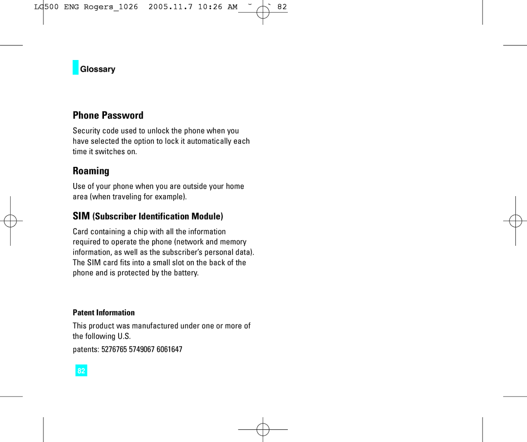 LG Electronics 500 manual SIM Subscriber Identification Module, Patent Information 