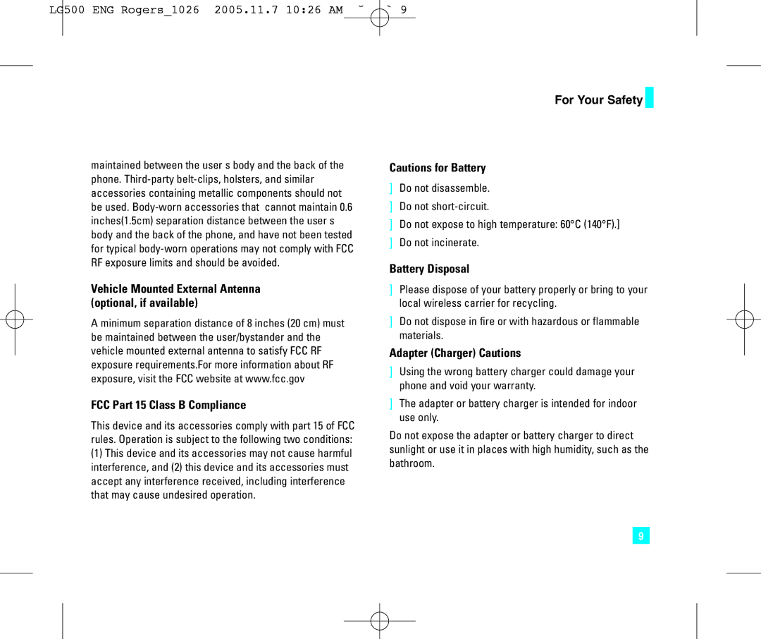 LG Electronics 500 manual FCC Part 15 Class B Compliance, Battery Disposal, Adapter Charger Cautions 