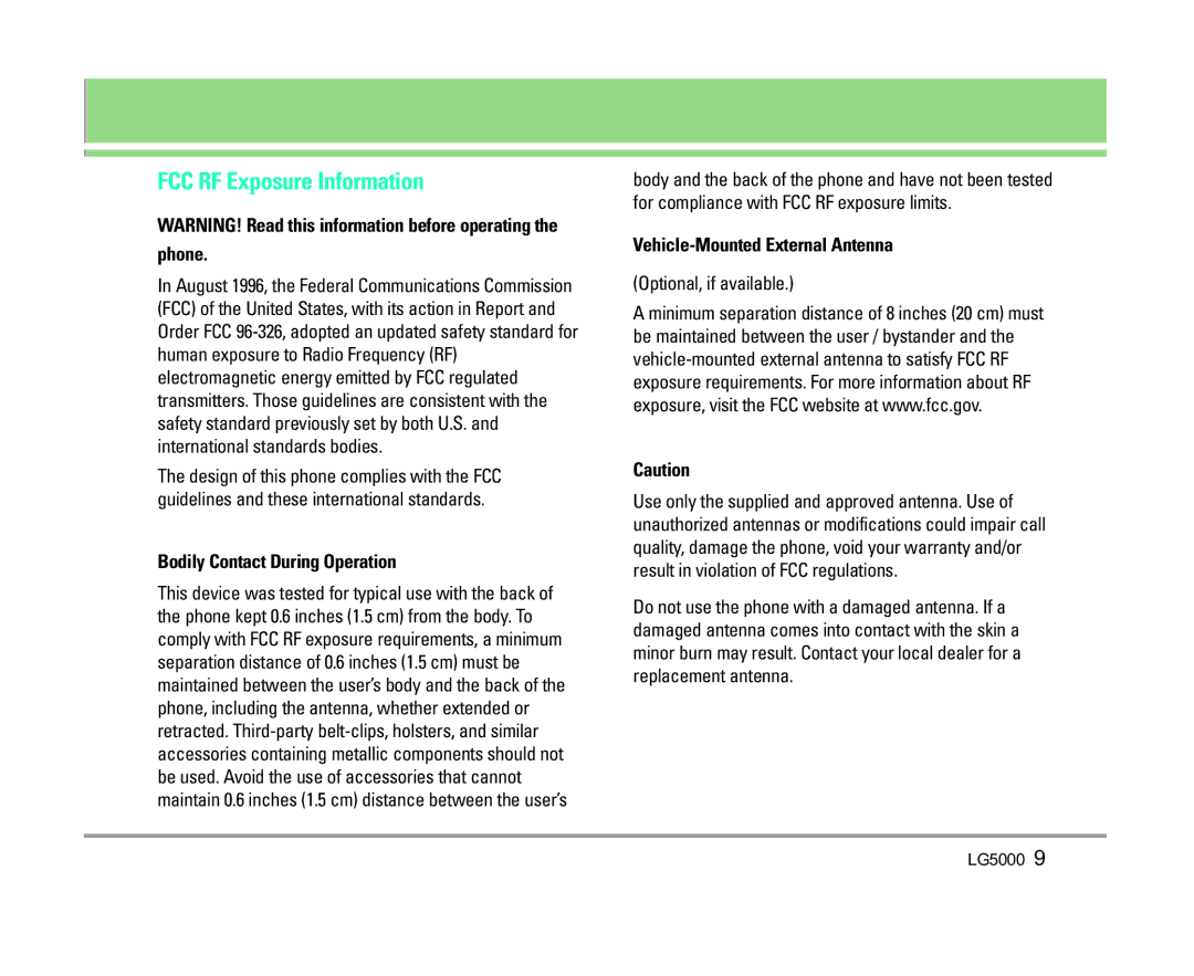 LG Electronics 5000 FCC RF Exposure Information, Phone, Bodily Contact During Operation, Vehicle-Mounted External Antenna 