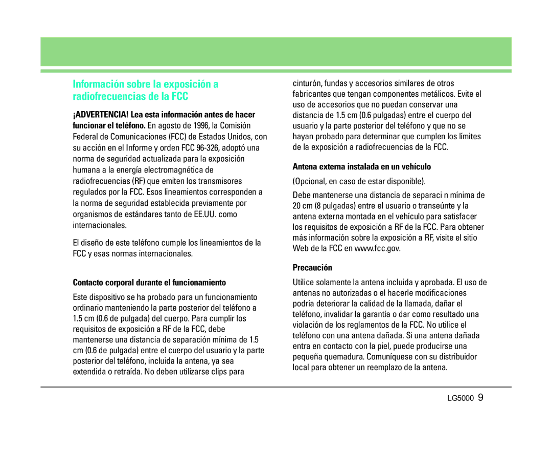 LG Electronics 5000 manual Contacto corporal durante el funcionamiento, Antena externa instalada en un vehículo, Precaución 