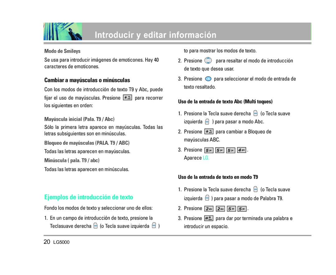 LG Electronics 5000 manual Ejemplos de introducción de texto, Cambiar a mayúsculas o minúsculas 