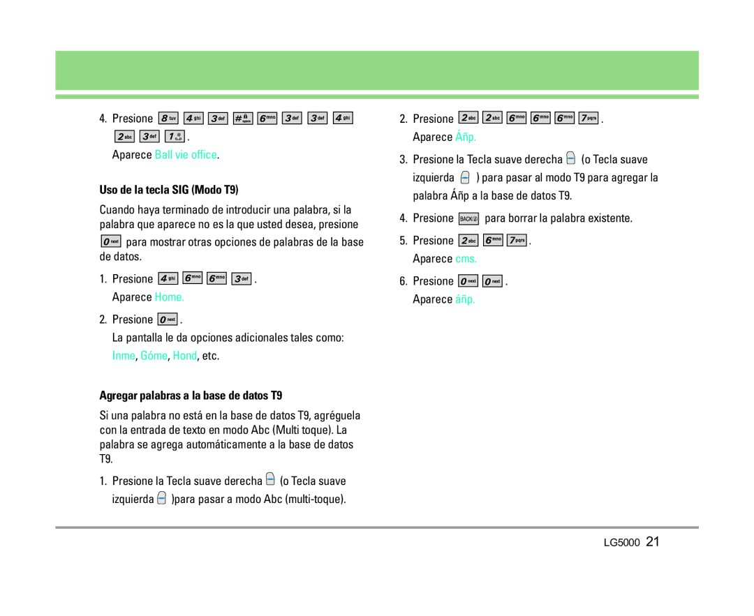 LG Electronics 5000 manual Presione Aparece Áñp, Uso de la tecla SIG Modo T9, Agregar palabras a la base de datos T9 