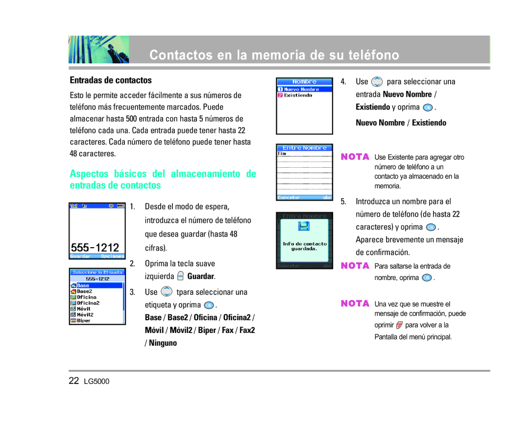 LG Electronics 5000 manual Contactos en la memoria de su teléfono, Entradas de contactos 