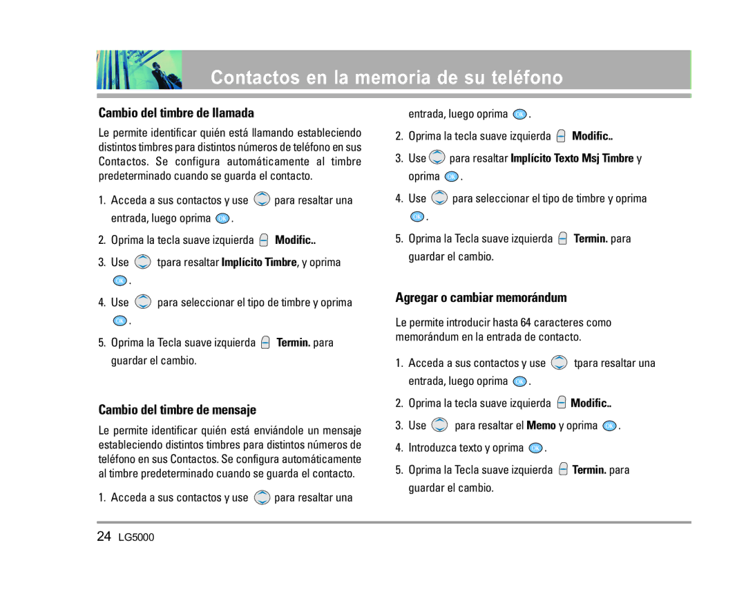 LG Electronics 5000 manual Cambio del timbre de llamada, Cambio del timbre de mensaje, Agregar o cambiar memorándum 