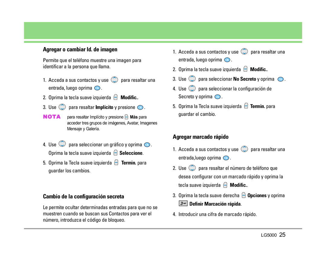 LG Electronics 5000 manual Agregar o cambiar Id. de imagen, Cambio de la configuración secreta, Agregar marcado rápido 