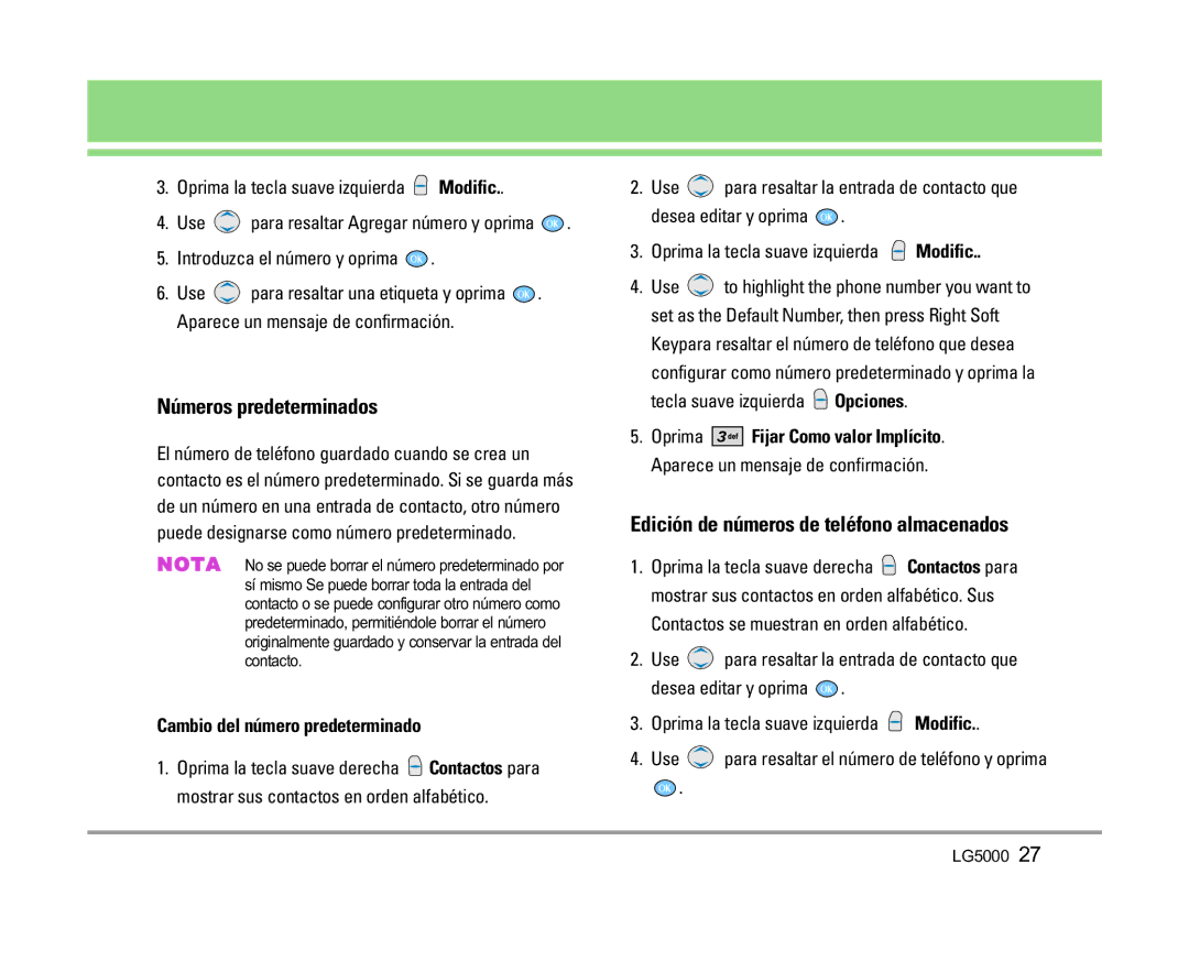 LG Electronics 5000 Números predeterminados, Edición de números de teléfono almacenados, Cambio del número predeterminado 