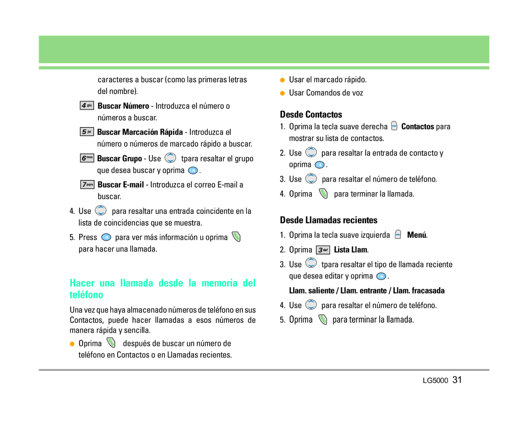 LG Electronics 5000 manual Hacer una llamada desde la memoria del teléfono, Desde Contactos, Desde Llamadas recientes 