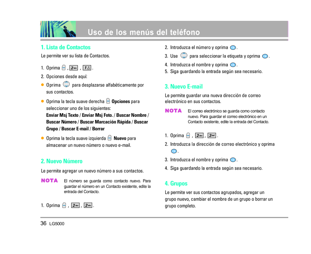 LG Electronics 5000 manual Lista de Contactos, Nuevo Número, Nuevo E-mail, Grupos 